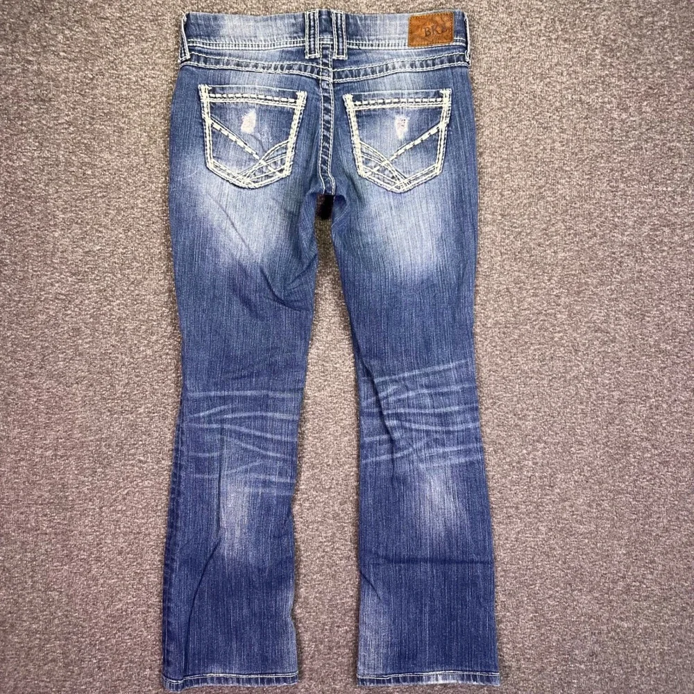 BKE Sabrina Bootcut Jeans Womens 30x28 Blue Distressed Low Rise Thick Stitch Y2K